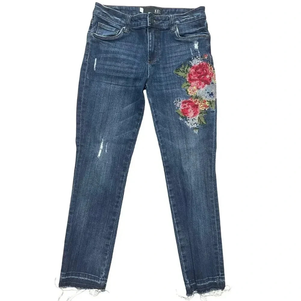 Kut From The Kloth Reese Ankle Straight Leg Rose Embroidered Jeans